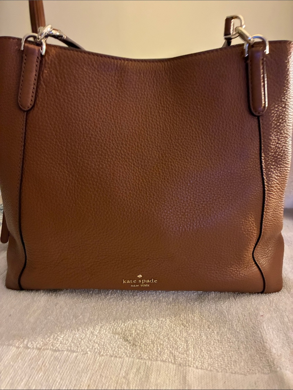 kate spade Tan “warm gingerbread” Leather Tote w/Logo-Print Lining,3 compartment